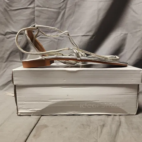 BOXED PAIR OF IDEAL SHOES T-POST STRAPPY SANDALS IN METALLIC SILVER SIZE EU 38