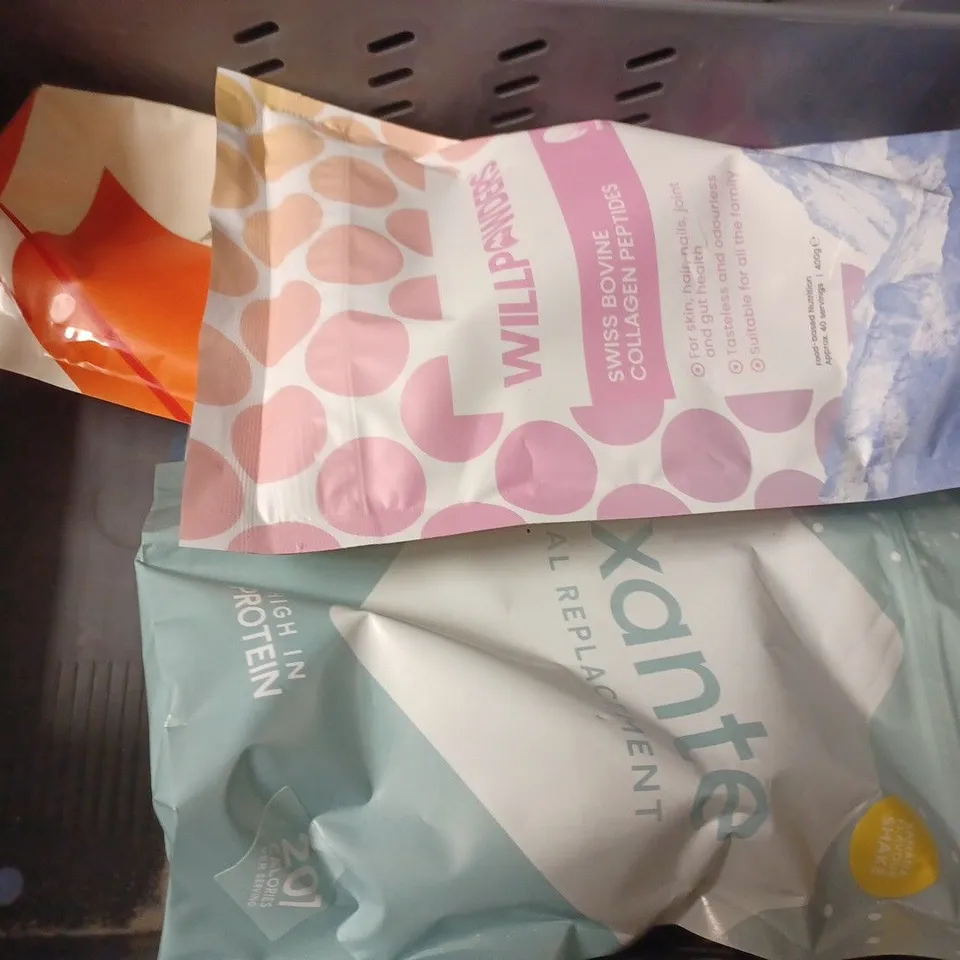 BOX OF APPROX 8 ASSORTED FOOD & DRING ITEMS TO INCLUDE - PRIME ORANGE - PRIME ORANGE - WILLPOWEDERS COLLOAGEN PEPTIDES ECT
