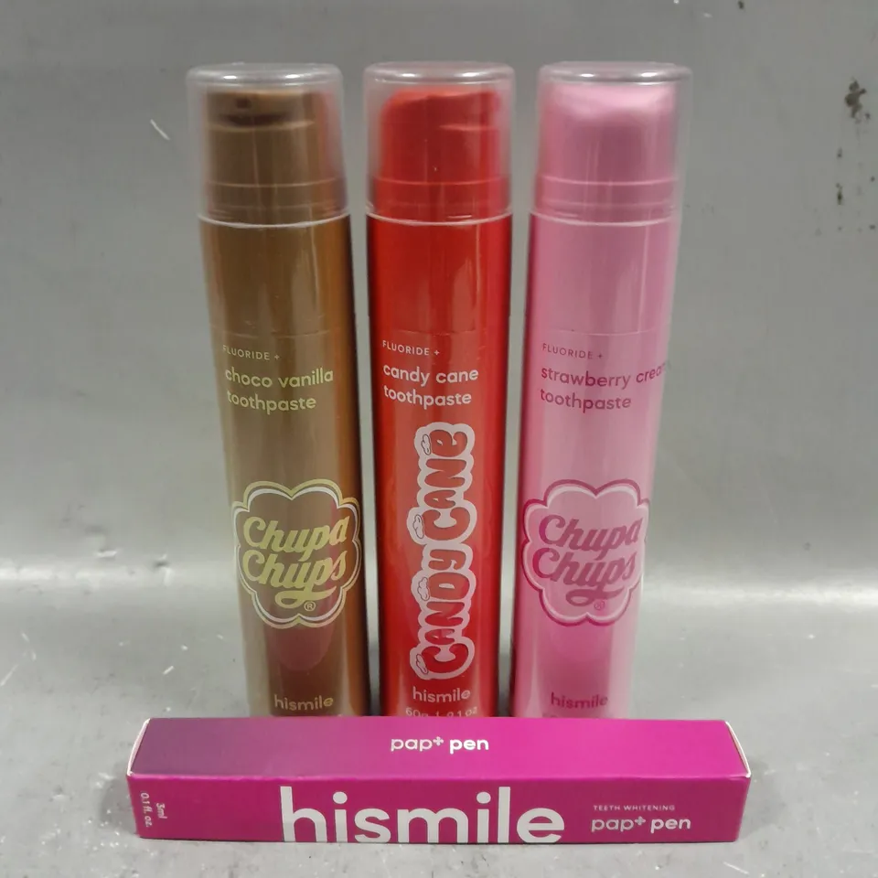 4 HISMILE PRODUCTS TO INCLUDE CANDY CANE TOOTHPASTE, CHUPA CHUPS TOOTHPASTE, TEETH WHITENING PEN, ETC 