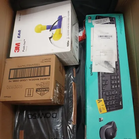 LARGE BOX OF APPROXIMATELY 15 ASSORTED ITEMS TO INCLUE CLOTHING, EAR PLUGS AND SHOULDER BAG