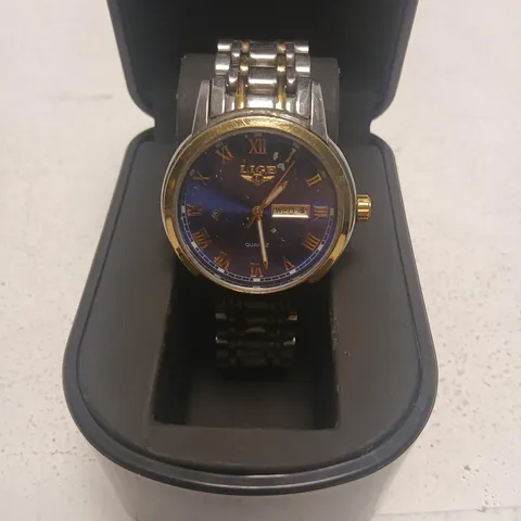 LIGE QUARTZ WRISTWATCH – TWO-TONE GOLD/SILVER WITH BLUE DIAL, DAY-DATE, 