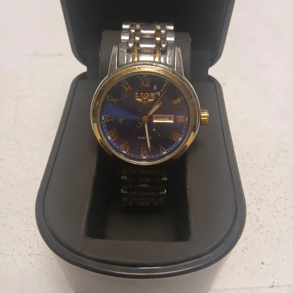 LIGE QUARTZ WRISTWATCH – TWO-TONE GOLD/SILVER WITH BLUE DIAL, DAY-DATE, 