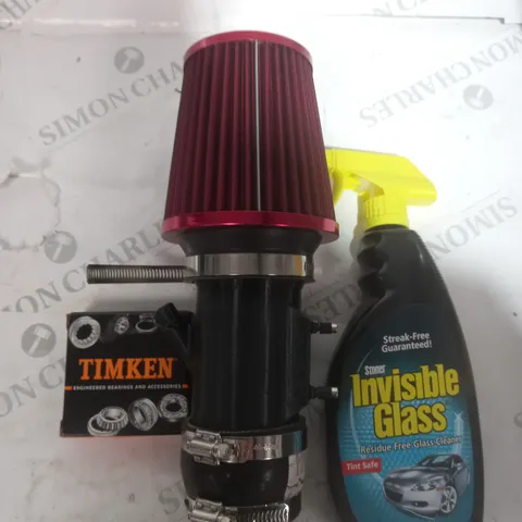 LOT OF ASSORTED ITEMS TO INCLUDE 3D PRINTED AIR IN TAKE , TIMKEN , GLASS CLEANER