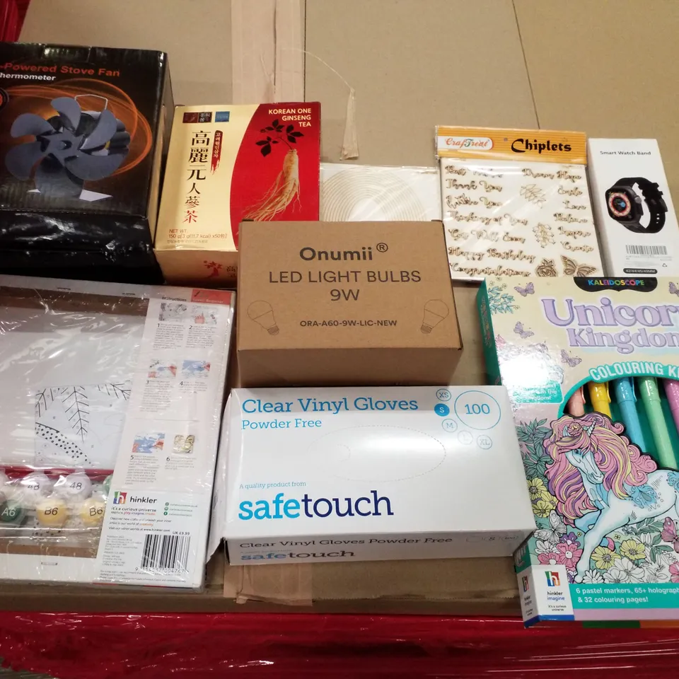 PALLET OF 6 BOXES CONTAINING ASSORTED PRODUCTS INCLUDING HEAT POWERED STOVE FAN, LED LIGHT BULBS, CLEAR VINYL GLOVES, UNICORN COLOURING KIT, PAINT BY NUMBERS KIT, GINSENG TEA
