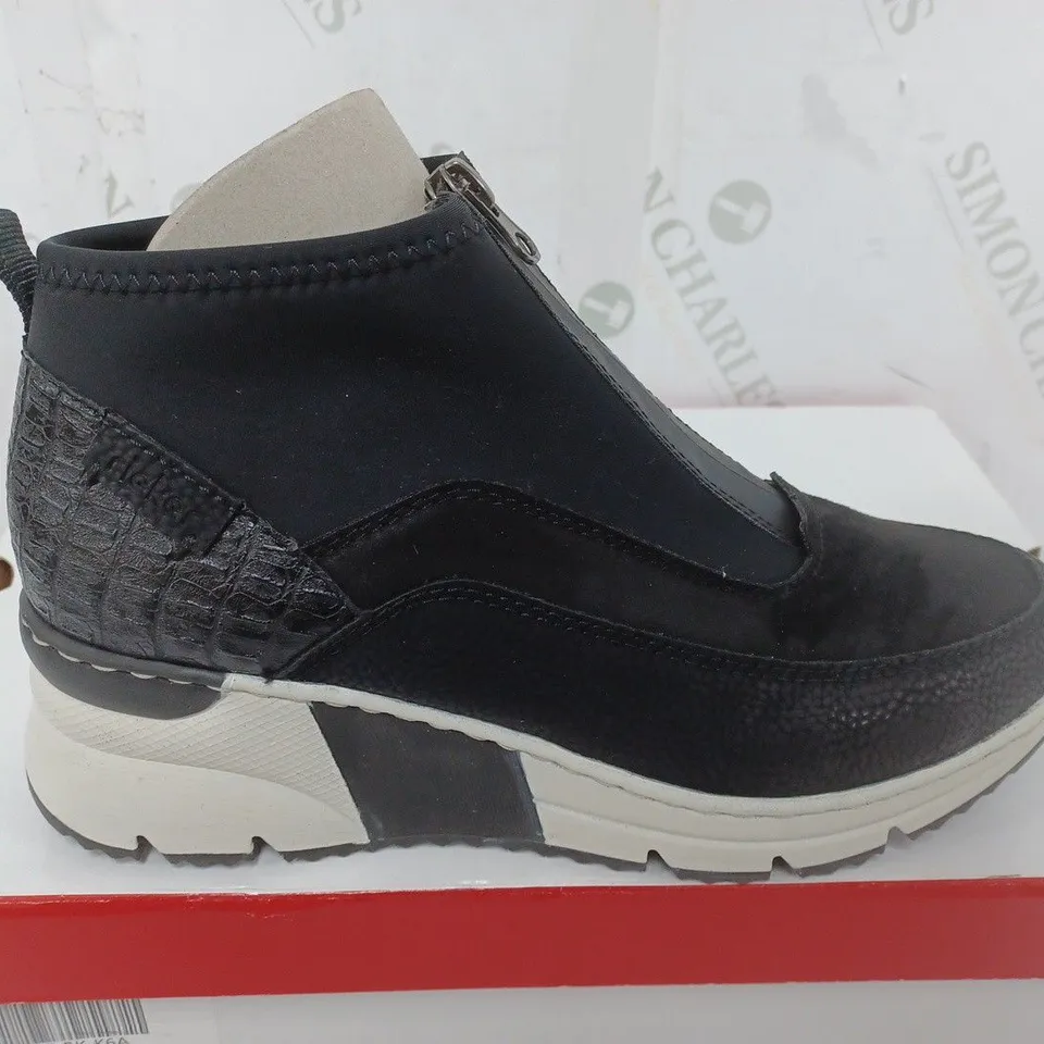 BOXED PAIR OF RIEKERS HIGH TOP TRAINERS IN BLACK - SIZE 40