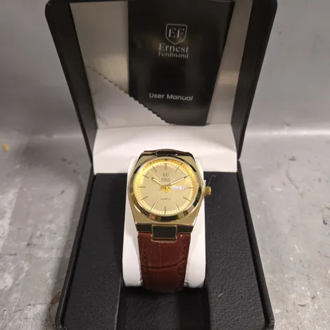 MENS ERNEST FERDINAND WATCH – DAY DATE CALENDAR DIAL – LEATHER STRAP – 3ATM WATER RESISTANT