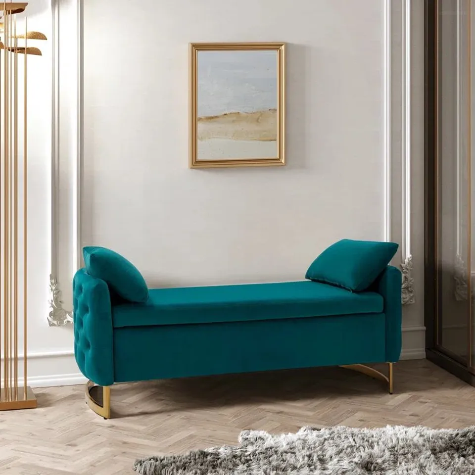 BOXED AGEET VELVET UPHOLSTERED STORAGE BENCH - TEAL 