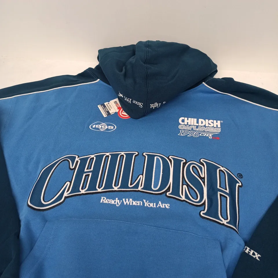 CHILDISH AIRLINES 1995 HOODIE – BLUE & NAVY, SIZE L