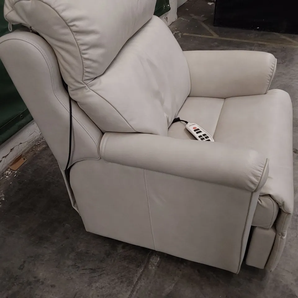 QUALITY BRITISH DESIGNER G PLAN NEWBURY POWER DUEL RISE/RECLINE EASY CHAIR REGENT CHALK LEATHER 