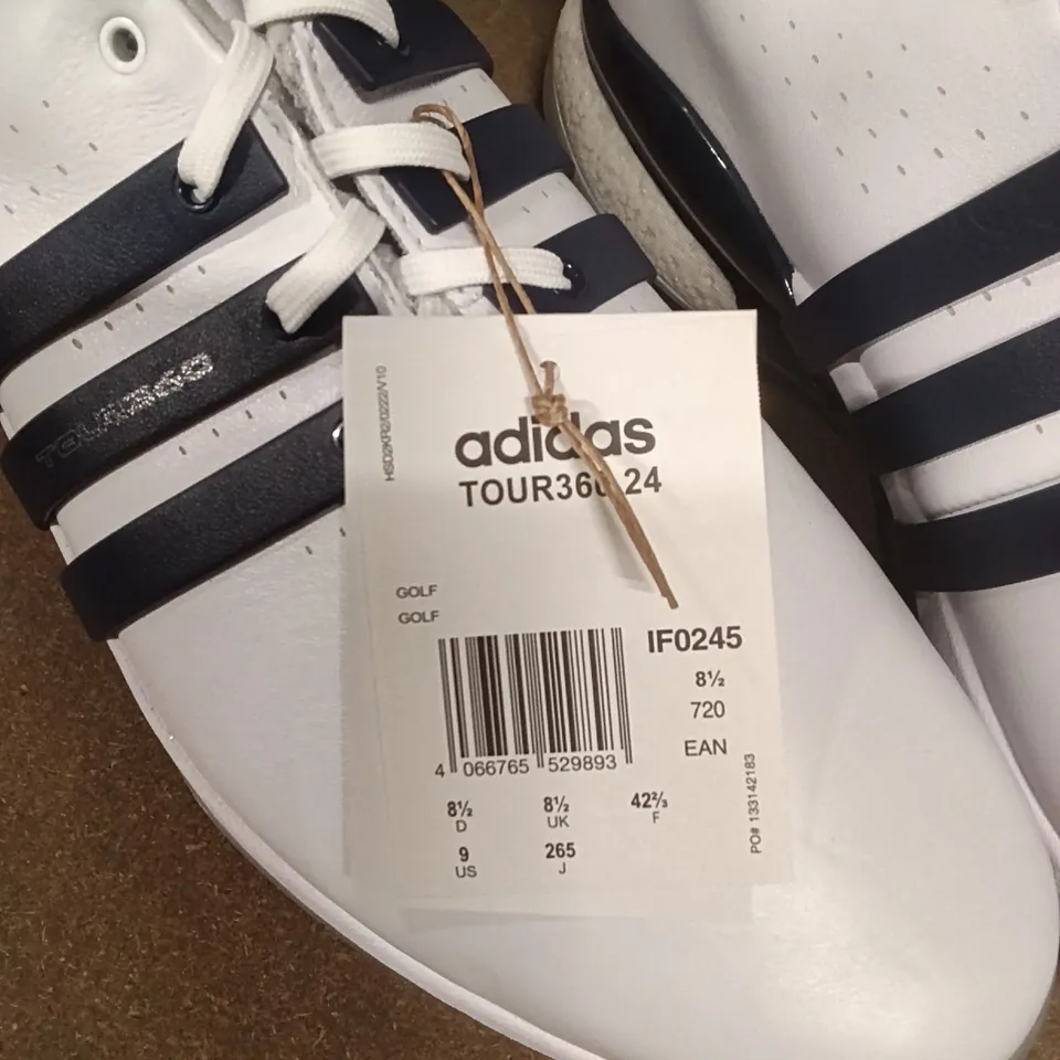 ADIDAS TOUR360 24 GOLF SHOES – WHITE WITH NAVY STRAPS, UK 8.5