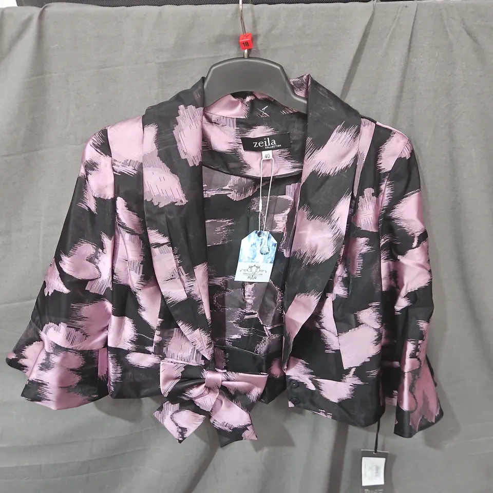 Zeila Collection Women's Blazer – Pink/Black Abstract Print, Belted Front, Size 40