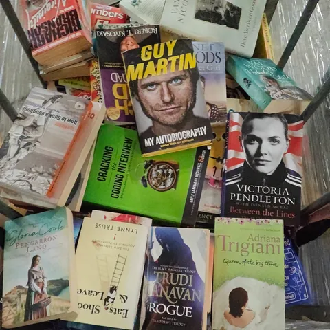 LARGE QUANTITY OF ASSORTED BOOKS TO INCLUDE GUY MARTIN AUTOBIOGRAPHY, CRACKING THE CODING INTERVIEW AND TRUDI CANAVAN THE ROGUE