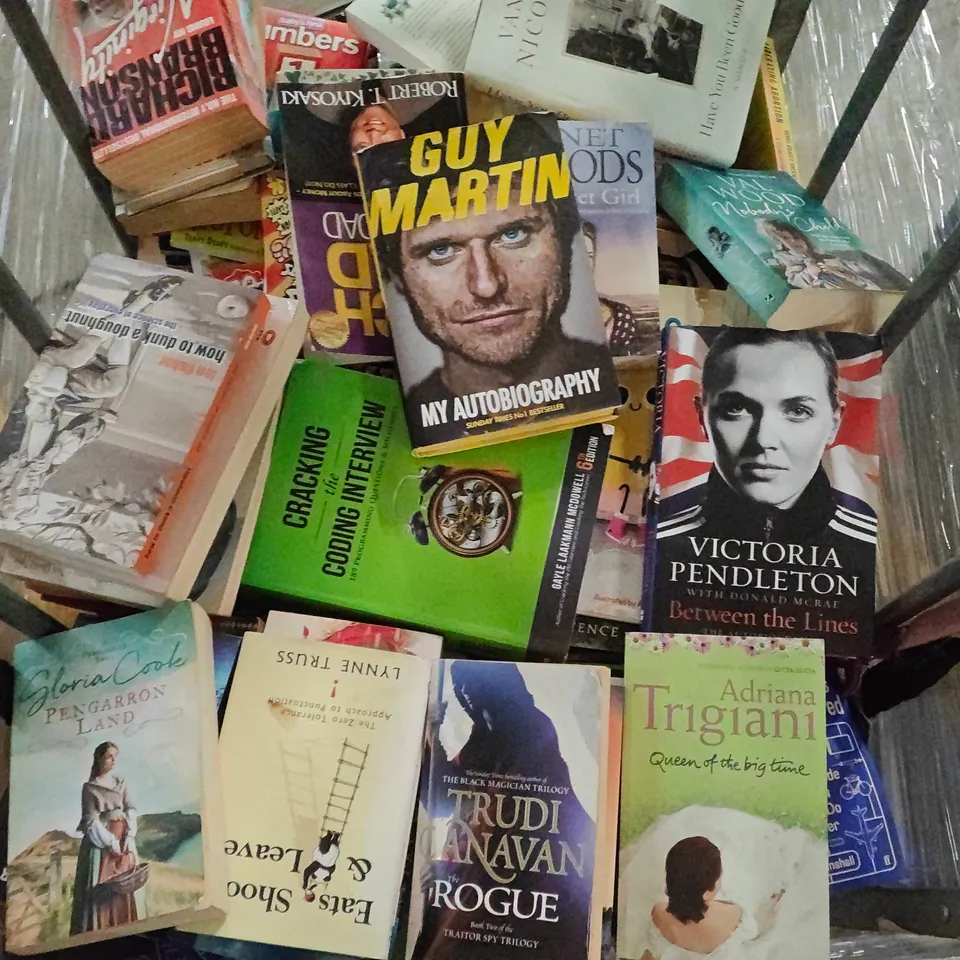 LARGE QUANTITY OF ASSORTED BOOKS TO INCLUDE GUY MARTIN AUTOBIOGRAPHY, CRACKING THE CODING INTERVIEW AND TRUDI CANAVAN THE ROGUE