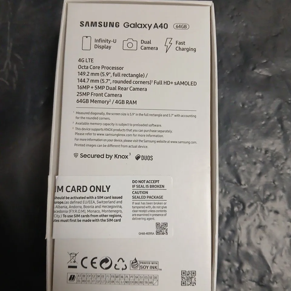 SAMSUNG GALAXY A40 SMARTPHONE – 64GB, BLACK PRISM – BOXED