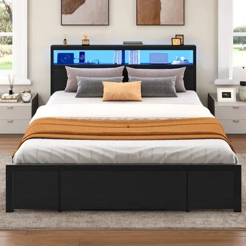 BOXED UPHOLSTERED STORAGE BED WITH HYDRAULIC LIFT, LED LIGHTS & USB CHARGING PORTS (3 BOXES)