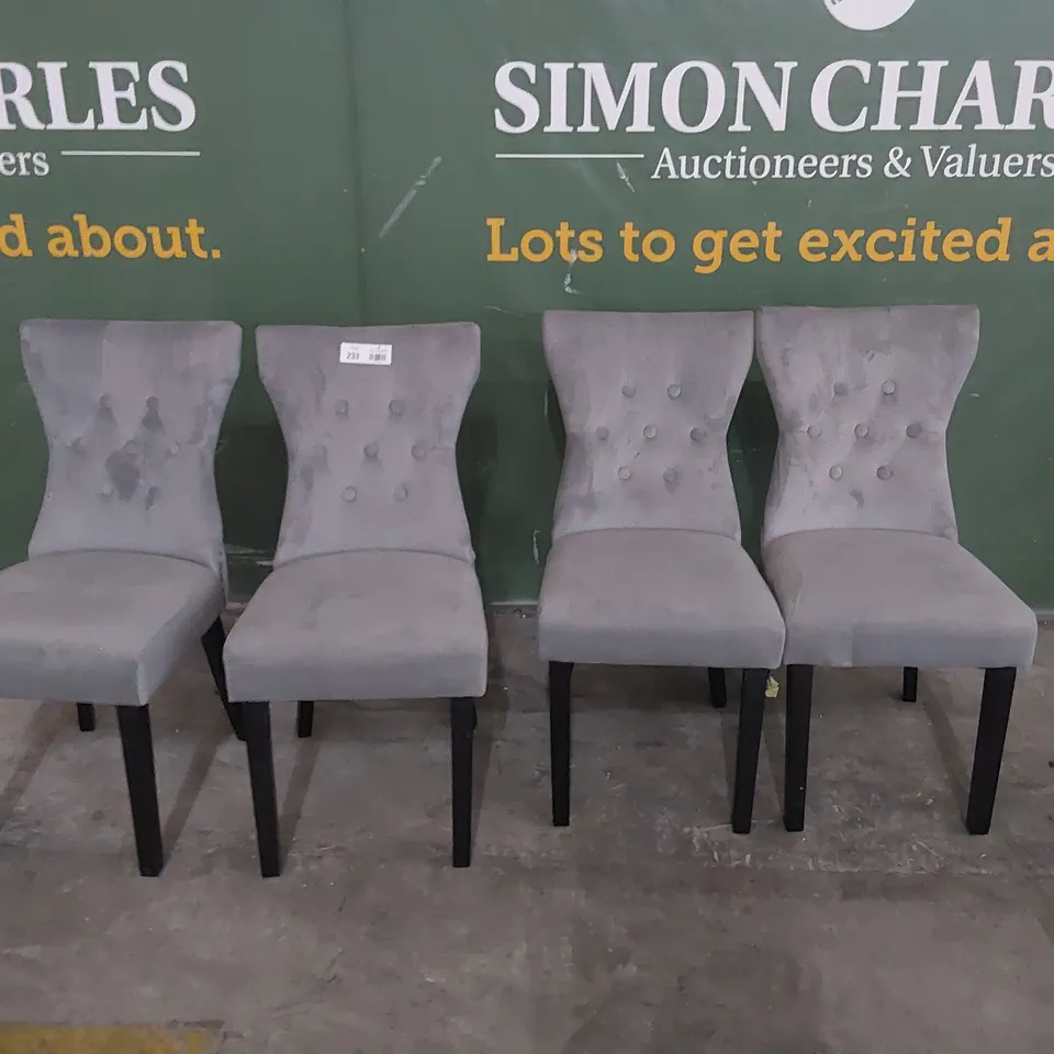 SET OF FOUR DESIGNER UPHOLSTERED BUTTONED RING BACK DINING CHAIRS GREY PLUSH FABRIC WITH STUDDED DETAIL 