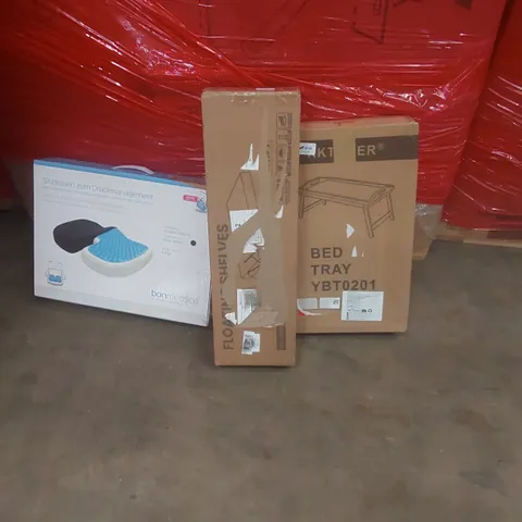 PALLET OF ASSORTED PRODUCTS AND ITEMS TO INCLUDE:BED TRAY,FLOATING SHELVES,SEAT CUSHION