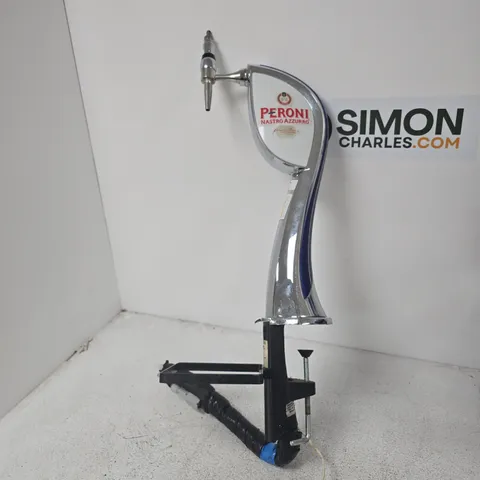 PERONI-BRANDED BEER TAP SPOUT WITH CURVED CHROME FAUCET & MOUNTING ASSEMBLY