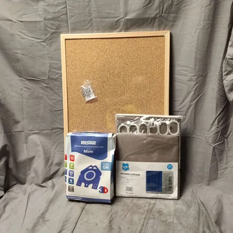 BOX OF APPROXIMATELY 15 ASSORTED HOUSEHOLD ITEMS TO INCLUDE FRAME, SHOWER CURTAIN, MIELE EFFICIENCY BAGS ETC