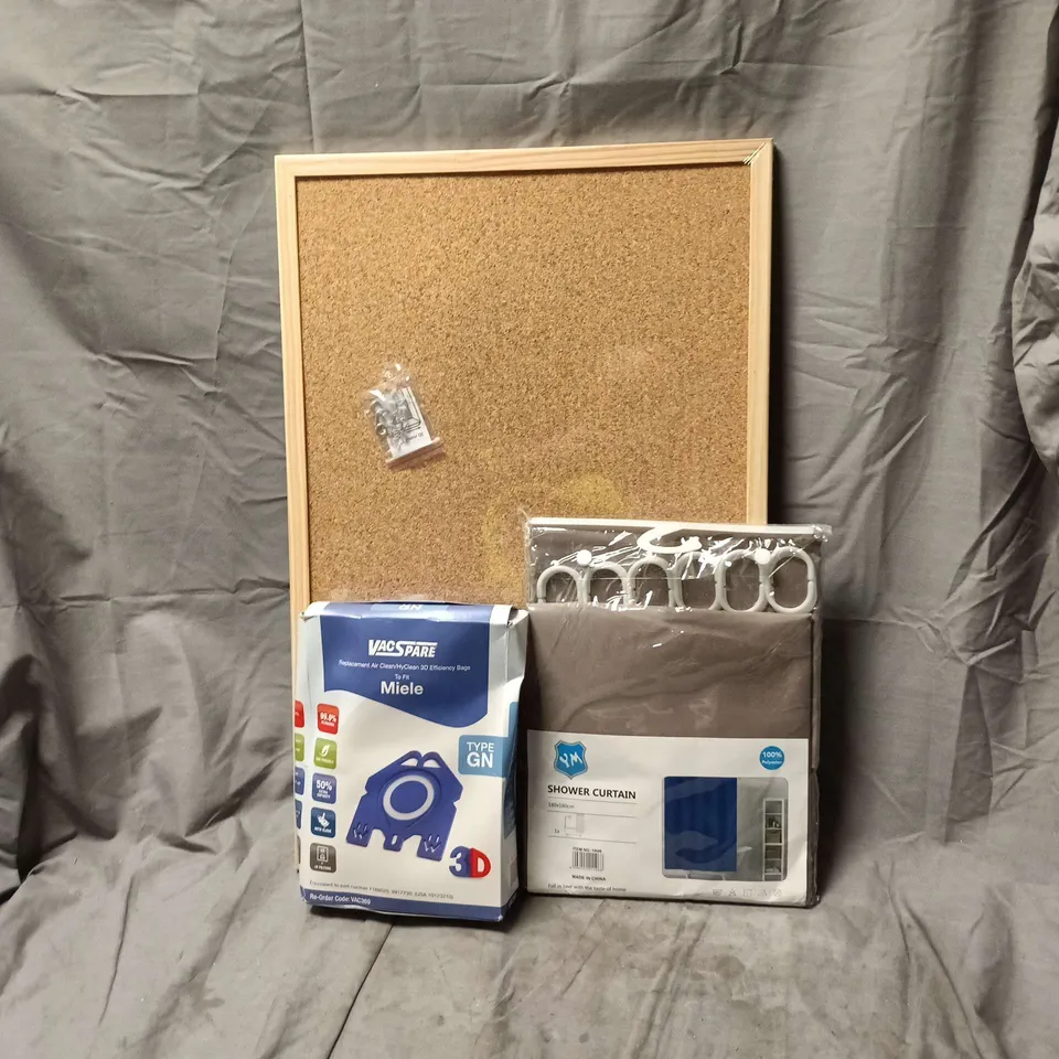 BOX OF APPROXIMATELY 15 ASSORTED HOUSEHOLD ITEMS TO INCLUDE FRAME, SHOWER CURTAIN, MIELE EFFICIENCY BAGS ETC