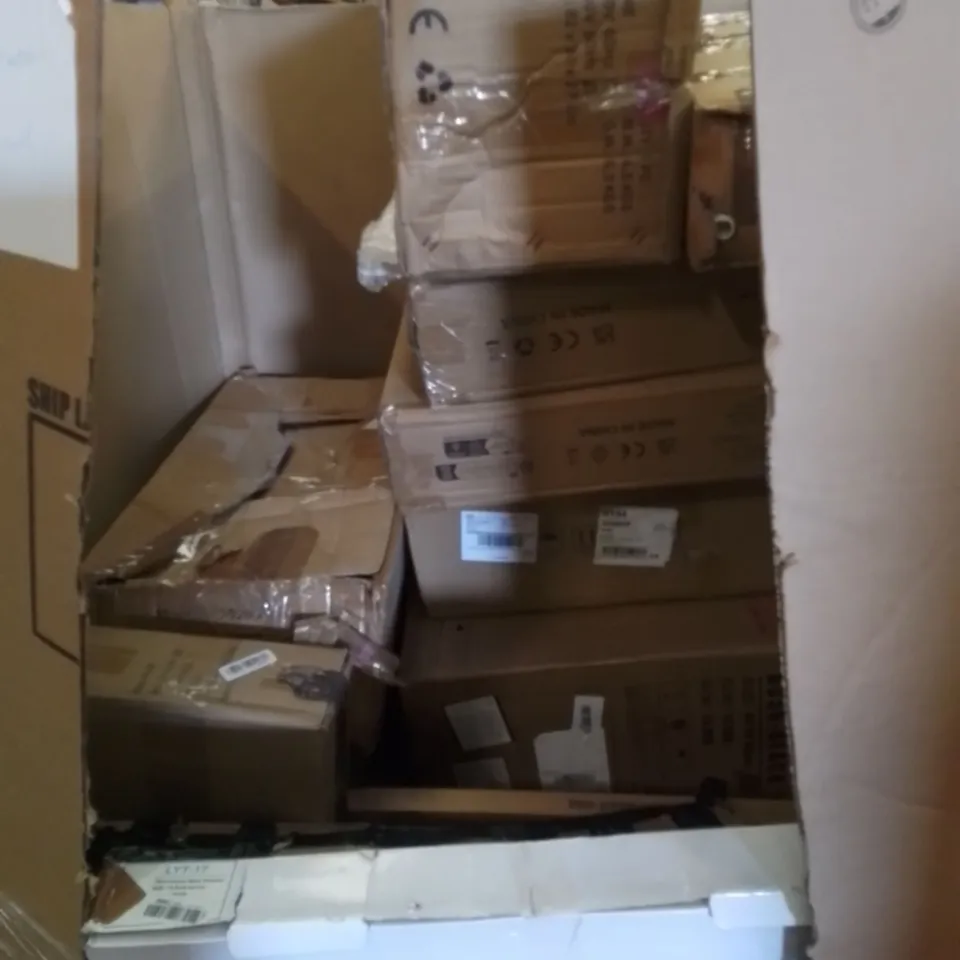PALLET CONTAINING ASSORTED HOUSEHOLD AND HOME IMPROVEMENT PRODUCTS. INCLUDES HOME FURNITURE, STRAPS, FLIGHT BAG ETC