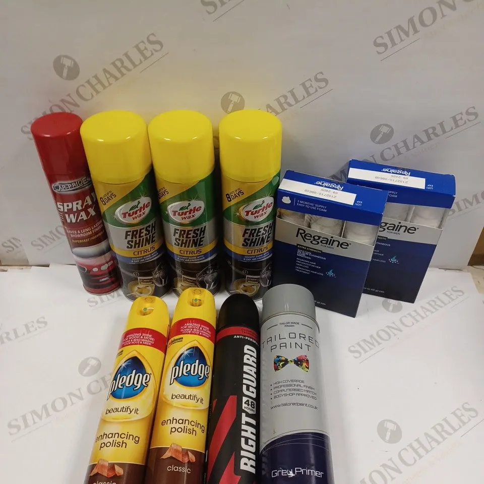 BOX OF APPROXIMATELY 10 ASSORTED AEROSOL PRODUCTS TO INCLUDE REGAINE FOR MEN, RIGHT GUARD DEODORANT, PLEDGE POLISH ETC - COLLECTION ONLY 