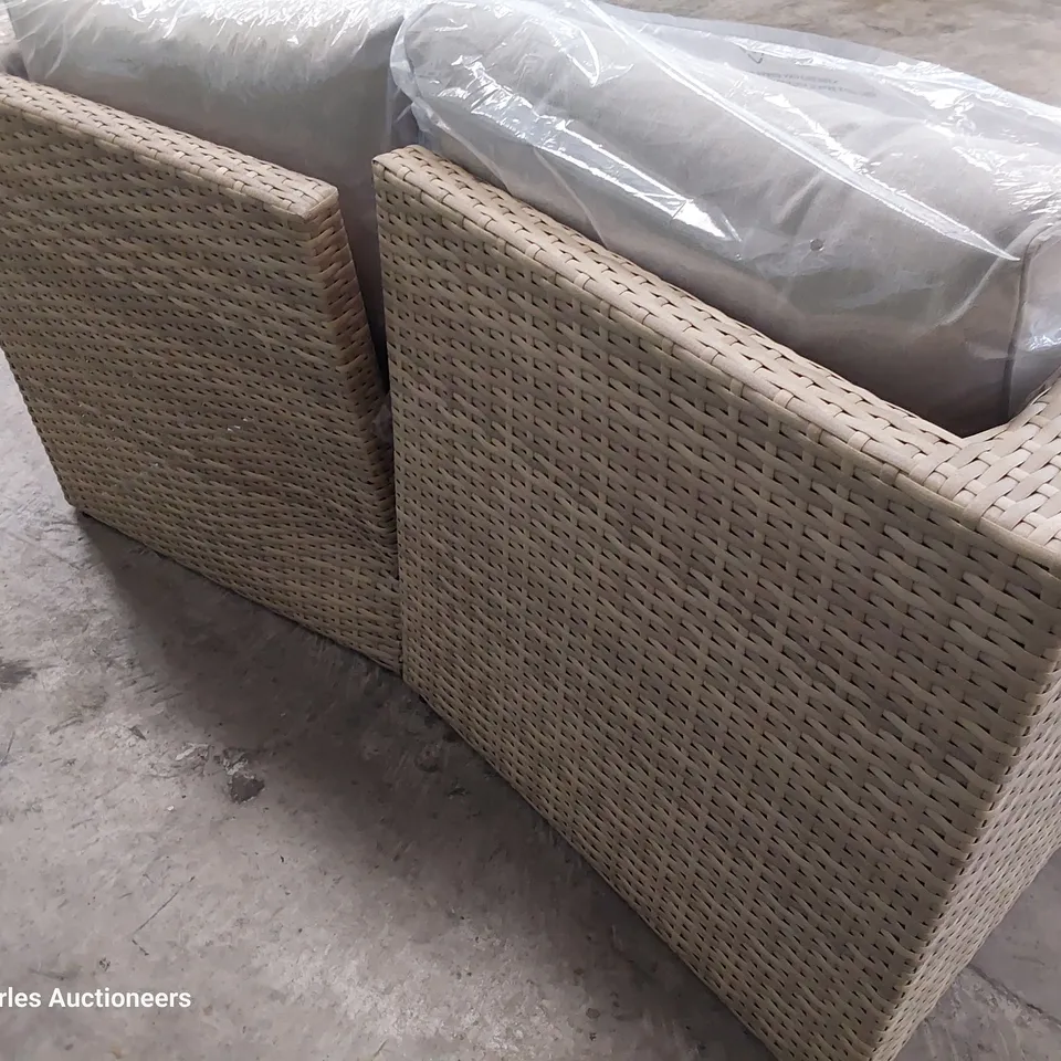 TWO SEATER LIGHT GREY RATTAN SOFA & CUSHIONS