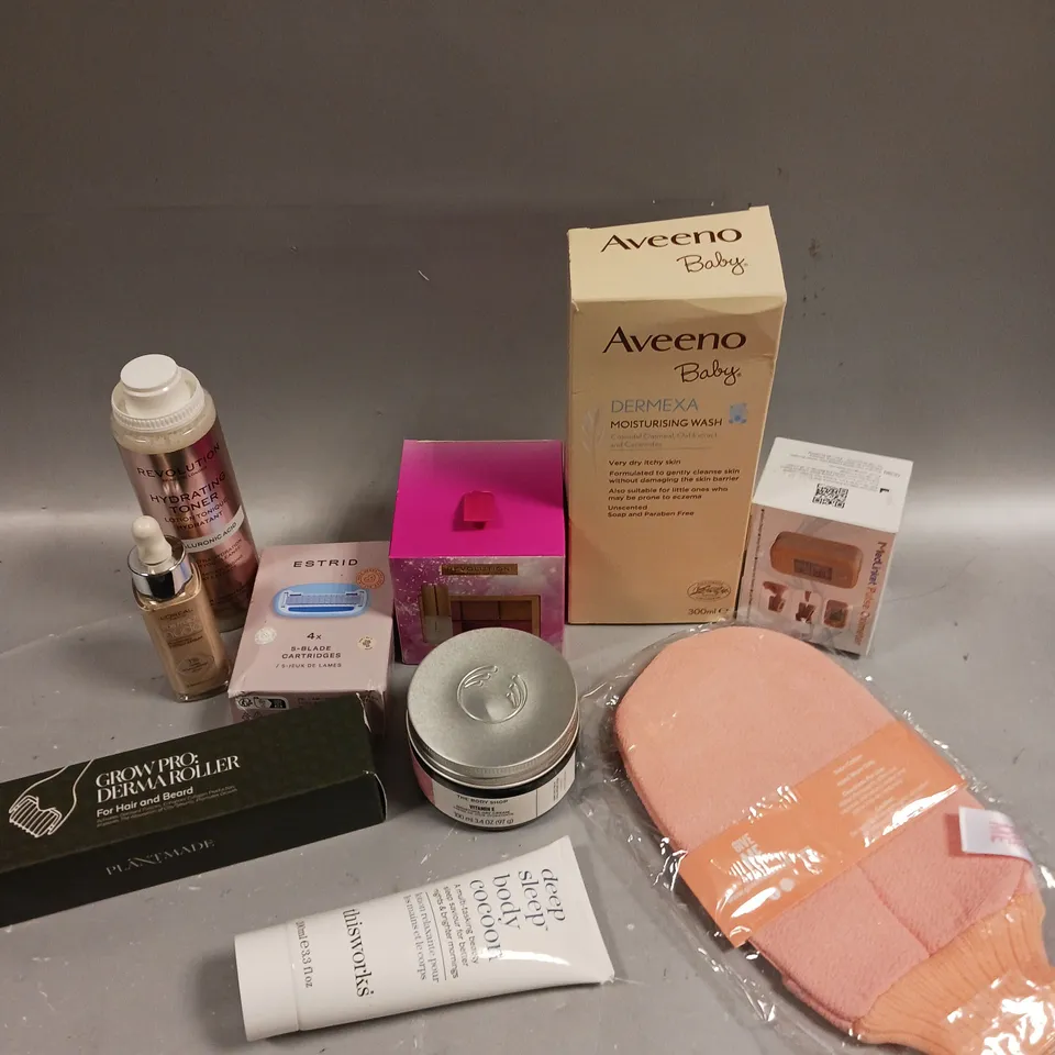 APPROXIMATELY 20 ASSORTED HEALTH & BEAUTY PRODUCTS TO INCLUDE AVEENO BABY, GROW PRO DERMA ROLLER, VITAMIN E MOISTURE DAY CREAM ETC 