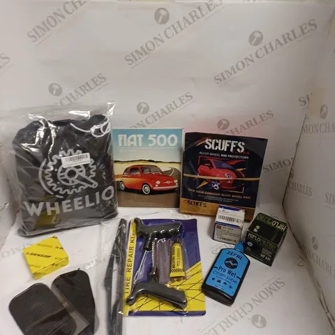 BOX OF APPROXIMATELY 20 ASSORTED VEHICULAR PARTS & ACCESSORIES TO INCLUDE ALLOY WHEEL RIM PROTECTORS, CHAIN LUBE, OIL FILTER ETC