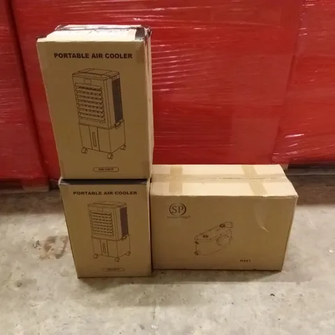 PALLET OF ASSORTED HOUSEHOLD GOODS AND PRODUCTS TO INCLUDE; PORTABLE AIR COOLERS, SANITARY PUMP, BOXED FURNITURE ETC
