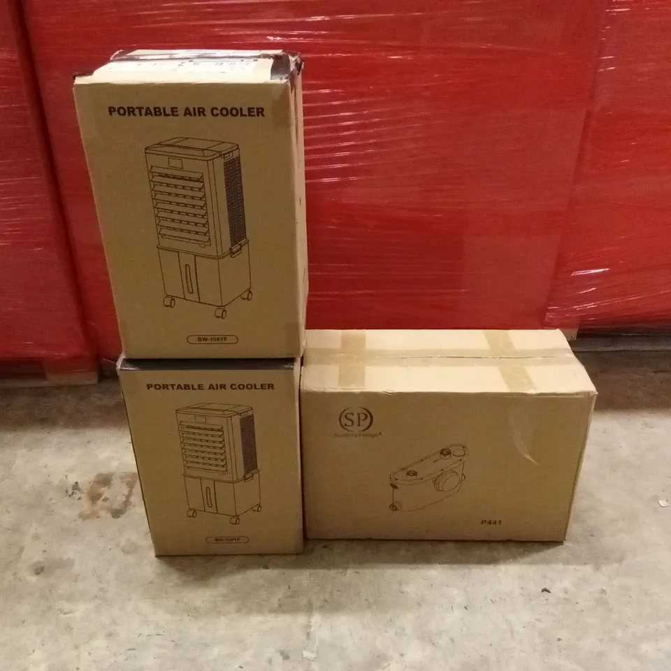 PALLET OF ASSORTED HOUSEHOLD GOODS AND PRODUCTS TO INCLUDE; PORTABLE AIR COOLERS, SANITARY PUMP, BOXED FURNITURE ETC