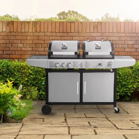 BOXED BOSS GRILL PREMIUM DUAL FUEL - 2 BURNER DUAL FUEL BBQ GRILL WITH SIDE BURNER - STAINLESS STEEL
