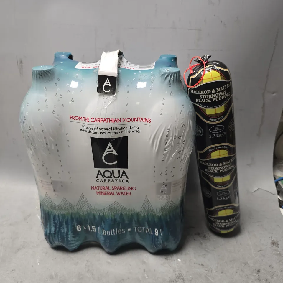 APPROXIMATELY 5 ASSORTED FOOD & DRINK ITEMS TO INCLUDE - BLACK PUDDING , AQUA MINERAL WATER 