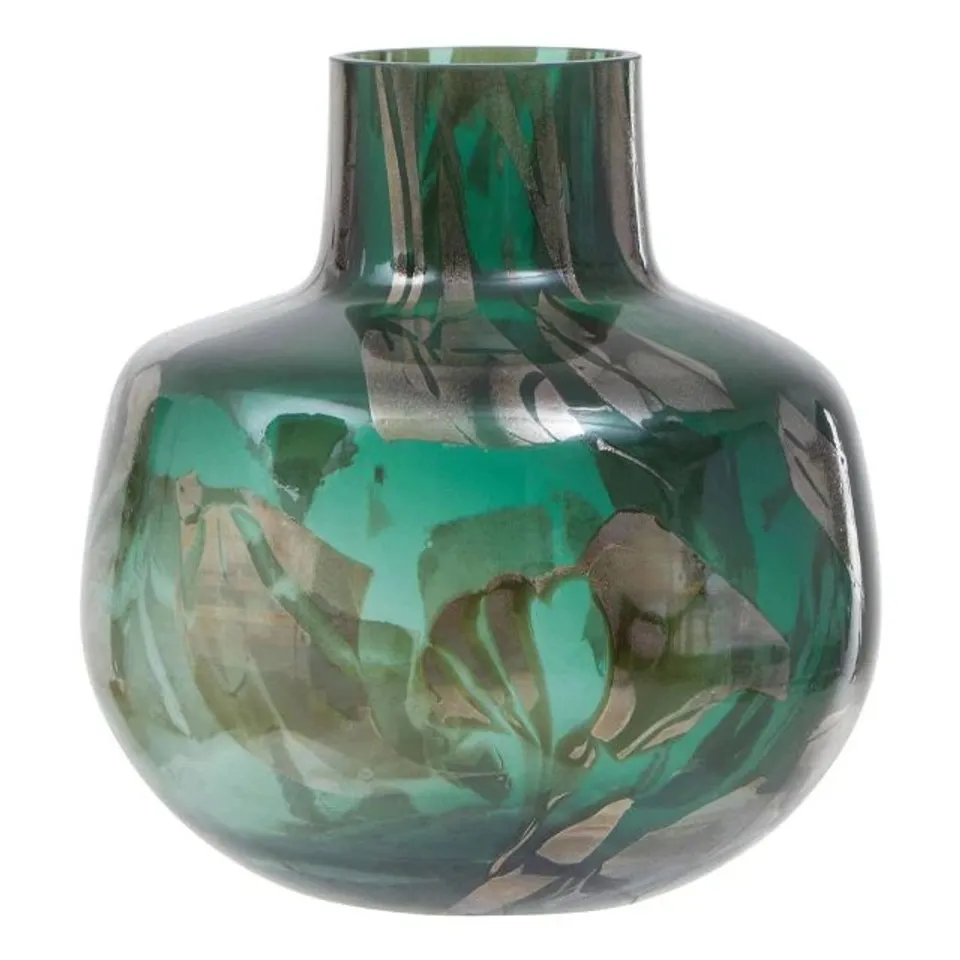 BOXED HERBIE GREEN AND GOLD SMALL GLASS VASE