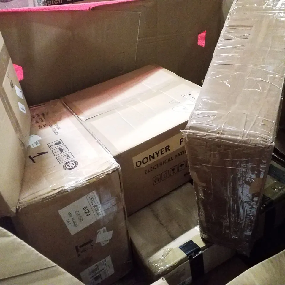 PALLET CONTAINING ASSORTED PRODUCTS INCLUDING ELECTRIC PATIO HEATER, TOILET SEAT, TEMPORARY BLINDS, ELECTRIC HEATED BLANKET, GAMING CHAIR, KIDS BALANCE BIKE