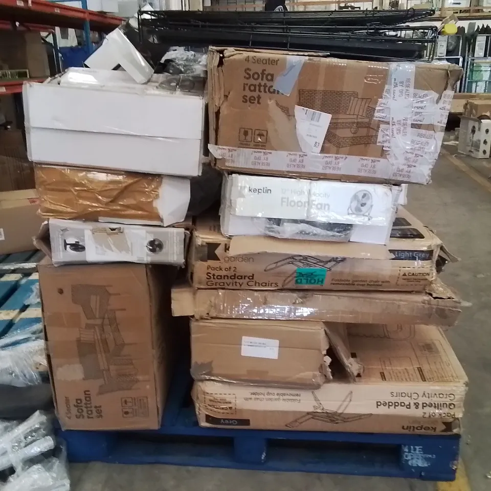 PALLET OF ASSORTED HOUSEHOLD GOODS AND PRODUCTS TO INCLUDE;GRAVITY CHAIRS,FOLDING TABLE,FANS,DOG CAGE,RATTAN GARDEN FURNITURE SET