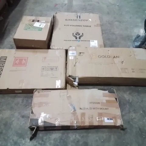 PALLET CONTAINING ASSORTED PRODUCTS INCLUDING: HEAT PRESS MACHINE, COFFEE TABLE, TV STAND, MIRROR, 6FT FOLDING TABLE ECT