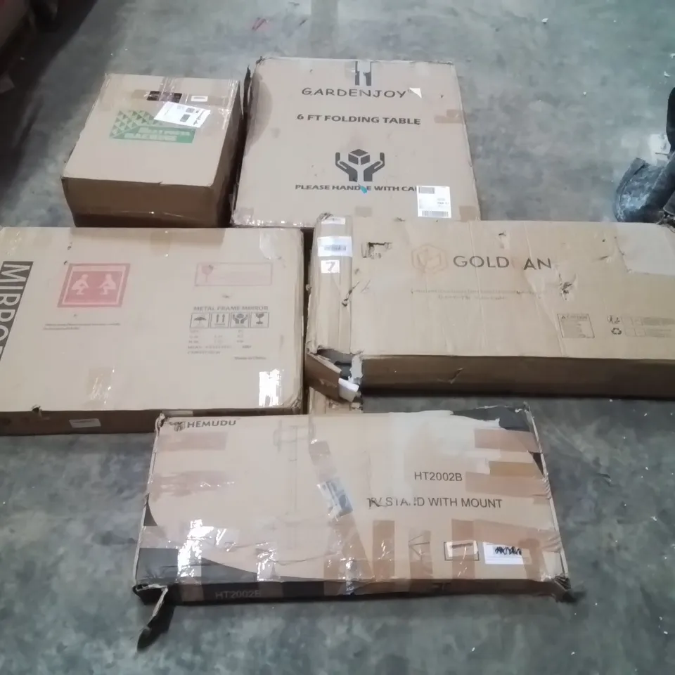 PALLET CONTAINING ASSORTED PRODUCTS INCLUDING: HEAT PRESS MACHINE, COFFEE TABLE, TV STAND, MIRROR, 6FT FOLDING TABLE ECT