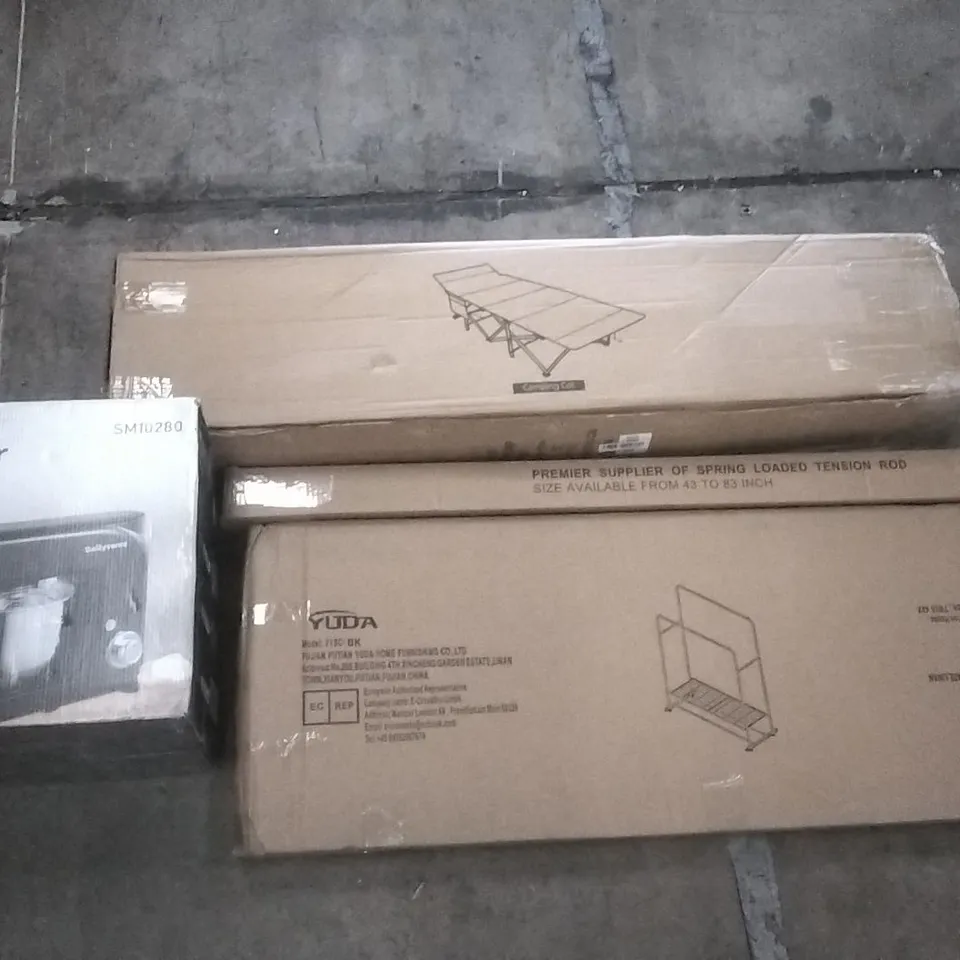 PALLET OF ASSORTED ITEMS INCLUDING CAMPING COT, YUDA CLOTHES RACK, DAILYSWEE STAND MIXER, SPRING LOADED TENSION ROD, WASHING MACHINE RACK