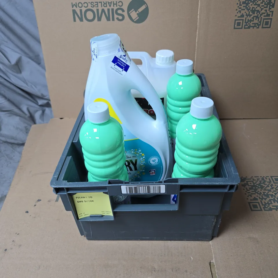 TOTE OF APPROXIMATELY 4 ASSORTED HOUSEHOLD ITEMS TO INCLUDE ROCK GLUE PRO, FAIRY NON BIO ETC