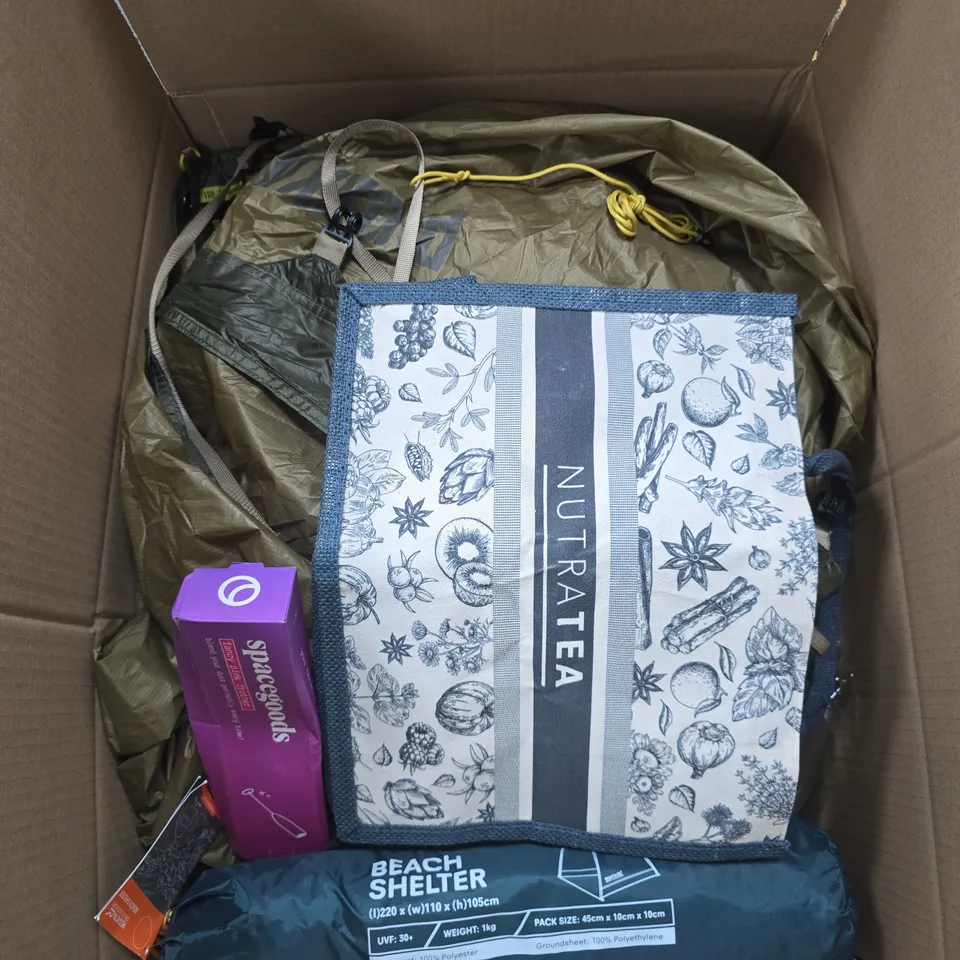 BOX OF APPROXIMATELY 10 ASSORTED ITEMS INCLUDING A PIMMS PITCHER, A REGATTA BEACH SHELTER AND A NUTRA TEA BAG