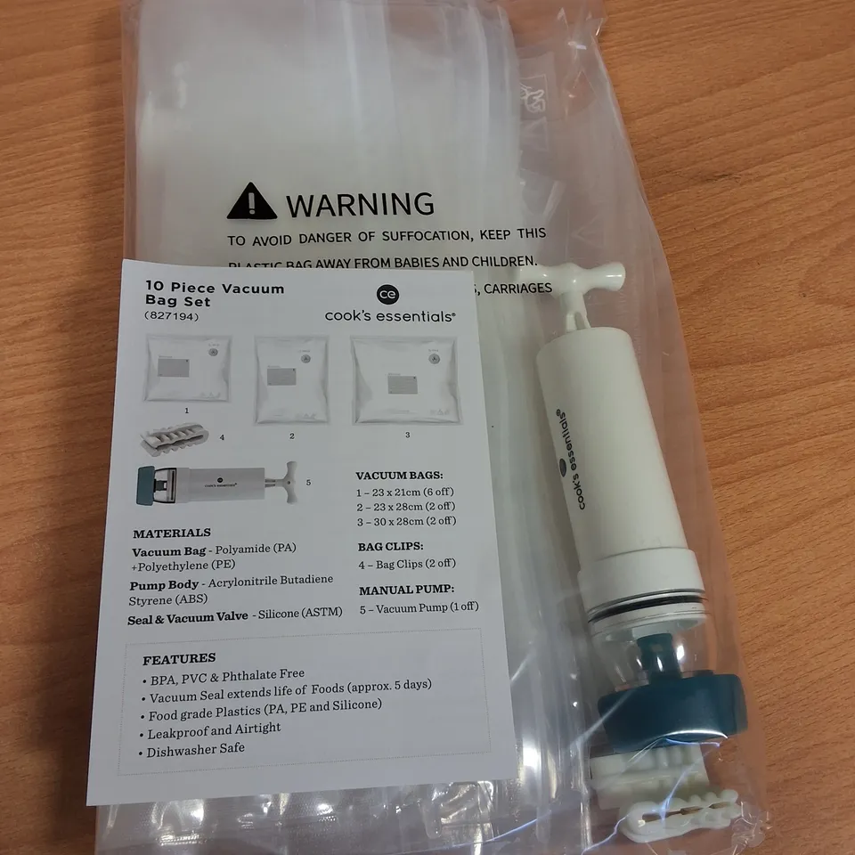 LOT OF 24 10-PIECE BOXES OF COOKS'S ESSENTIALS VACUUM BAG SETS