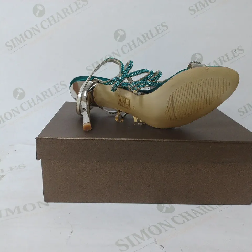 BOXED PAIR OF GEMZ LONDON HEELED STRAPPY SANDALS IN GREEN SIZE 41
