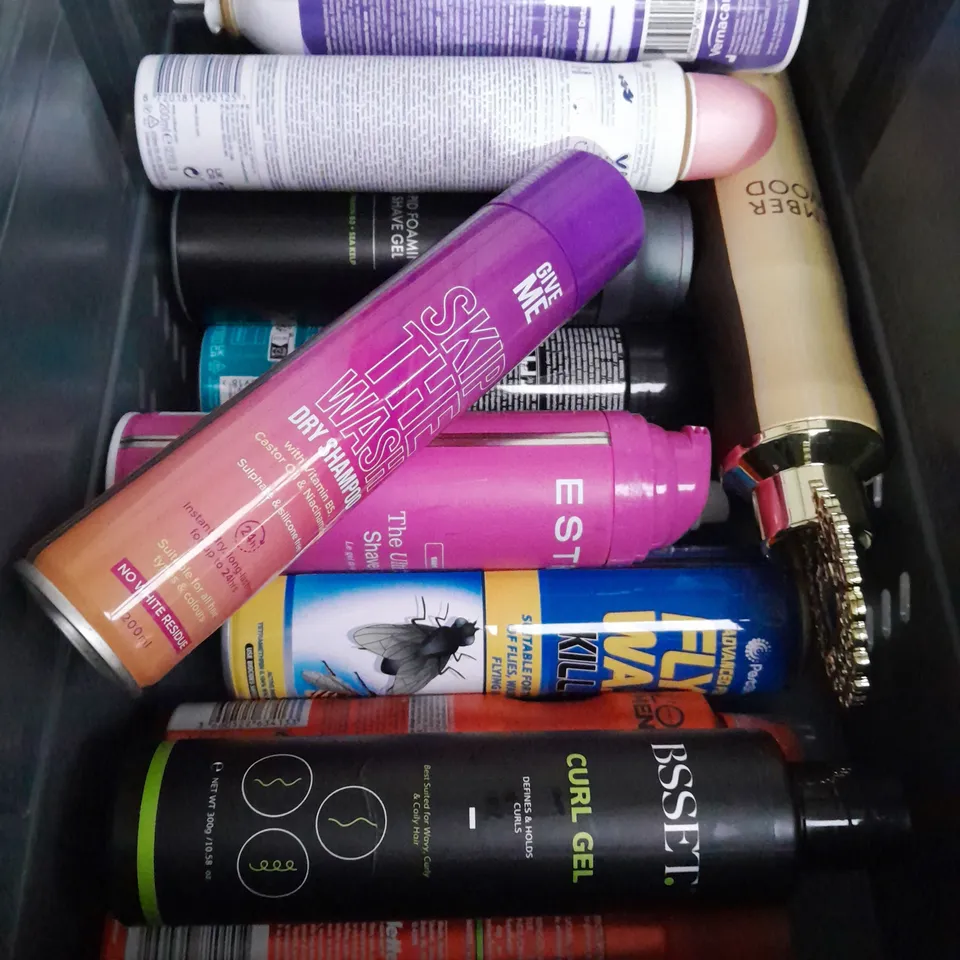 BOX OF APPROXIMATELY 15 AEROSOLS TO INCLUDE  - FCUK  - DOVE - FLY SPRAY - LEE STAFFORD - COLLECTION ONLY 