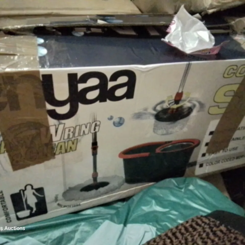 PALLET OF ASSORTED PRODUCTS, INCLUDING, PEDICURE STOOL, VOSPEED STAND MIXER, STANDARD LAMP SHADE, SPIN MOPS, OUTDOOR RUG, INFLATABLE MATTRESS.