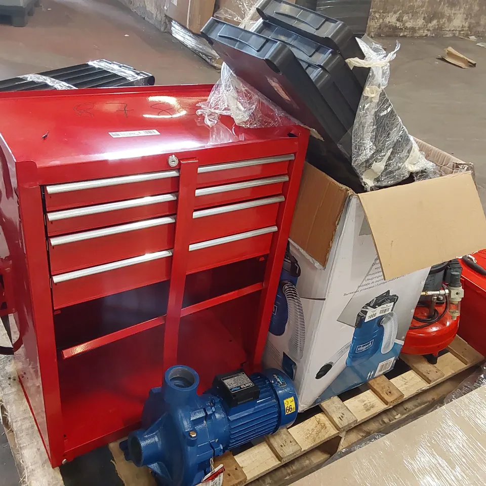 LARGE PALLET OF ASSORTED MACHINERY/TOOL PARTS TO INCLUDE: TOOL CHEST, AIR COMPRESSOR PARTS, PETROL GENERATOR PARTS, SHELVING RACK PARTS ECT