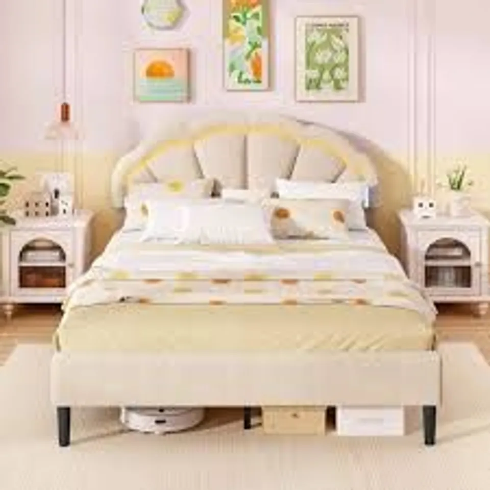 BOXED COSTWAY PLATFORM BED WITH ADJUSTABLE PETAL HEADBOARD AND WOODEN SLATS SUPPORT