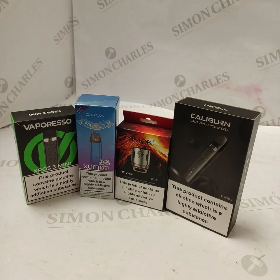 BOX OF APPROX 10 ITEMS TO INCLUDE VAPORESSO XROS 3 MINI, OXVA XLIM SE, CALIBURN A2. 