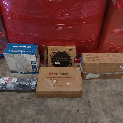 PALLET OF ASSORTED CONSUMER PRODUCTS TO INCLUDE: MULTIFUNCTIONAL STEAM CLEANER, DESK FAN, DEMOLITION HAMMER, CAST IRON GRIDDLE, RUG ECT