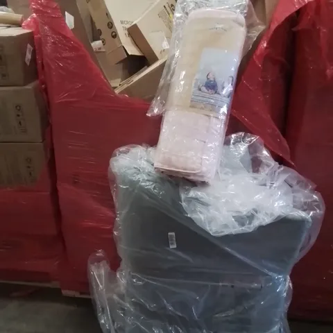 PALLET CONTAINING VARIOUS ASSORTED BOXED HOUSEHOLD ITEMS TO INCLUDE: BABY PLAYMAT, LARGE THROW, OFFICE CHAIR, TOILET SEAT,  MICROWAVE TUBS AND LOTS MORE UNMARKED BOXED ITEMS 